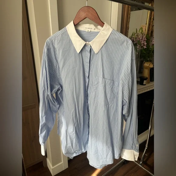 Good American Light Blue and White Striped Dress Shirt - Picture 2 of 5